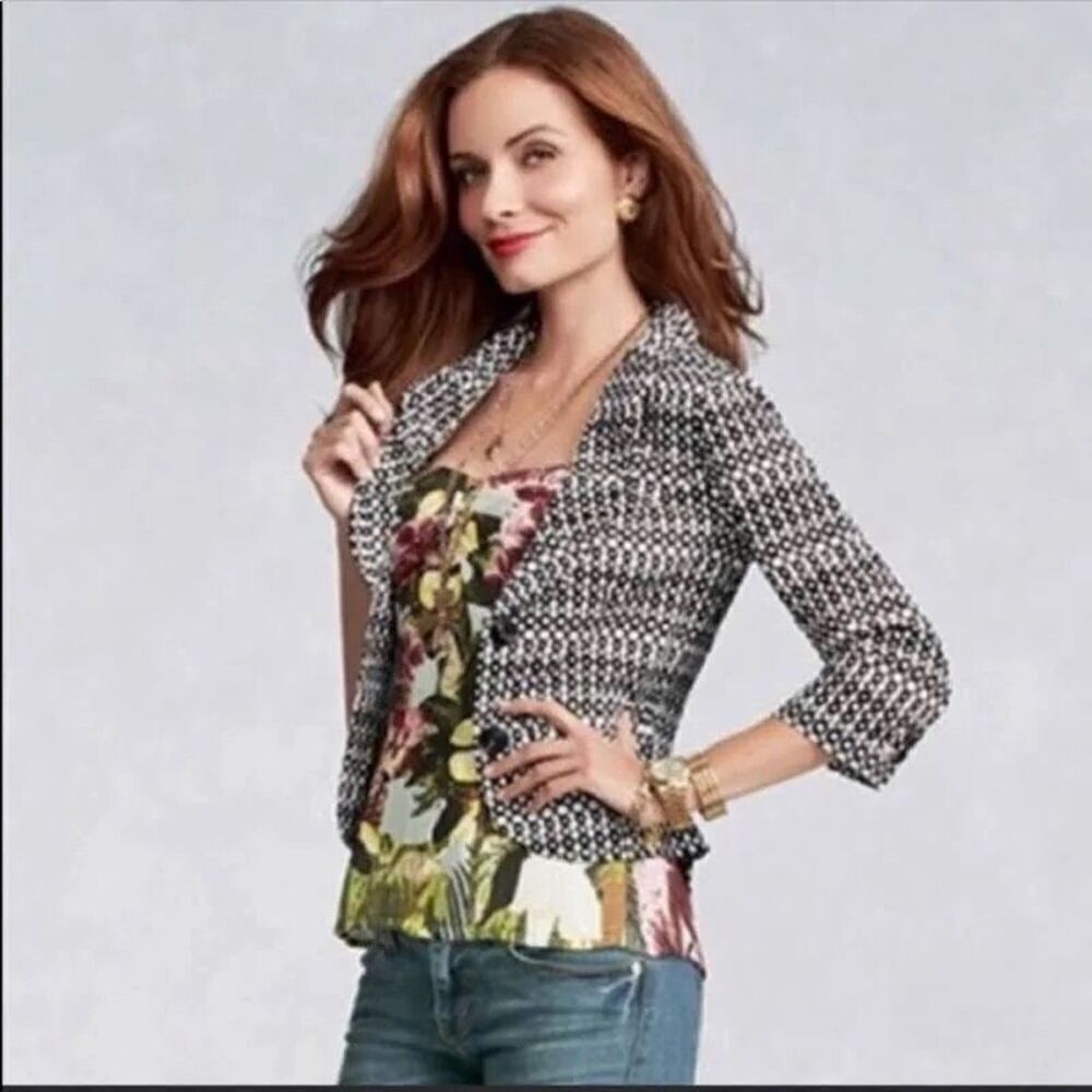 CAbi Black and White Du Jour Three Quarter Sleeve Jacket Size 8, Preppy, Career